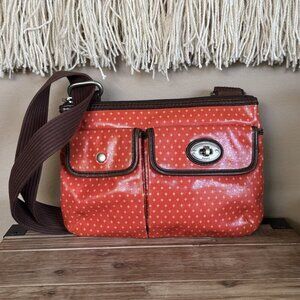 Vintage Fossil Key-Per Coated Leather Orange Tan Star Polka Dot Crossbody Bag